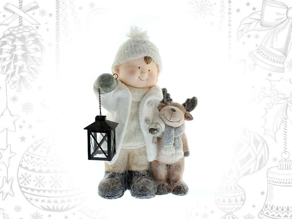 WHITE POLYRESIN BOY FIGURE LANTERN W/ LE cod. 9315029