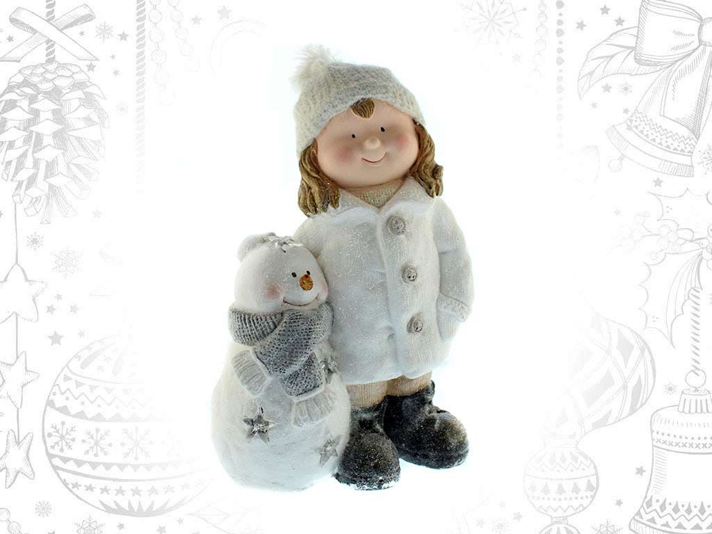 WHITE SNOWMAN GIRL POLYRESIN FIGURE W/ L cod. 9315032