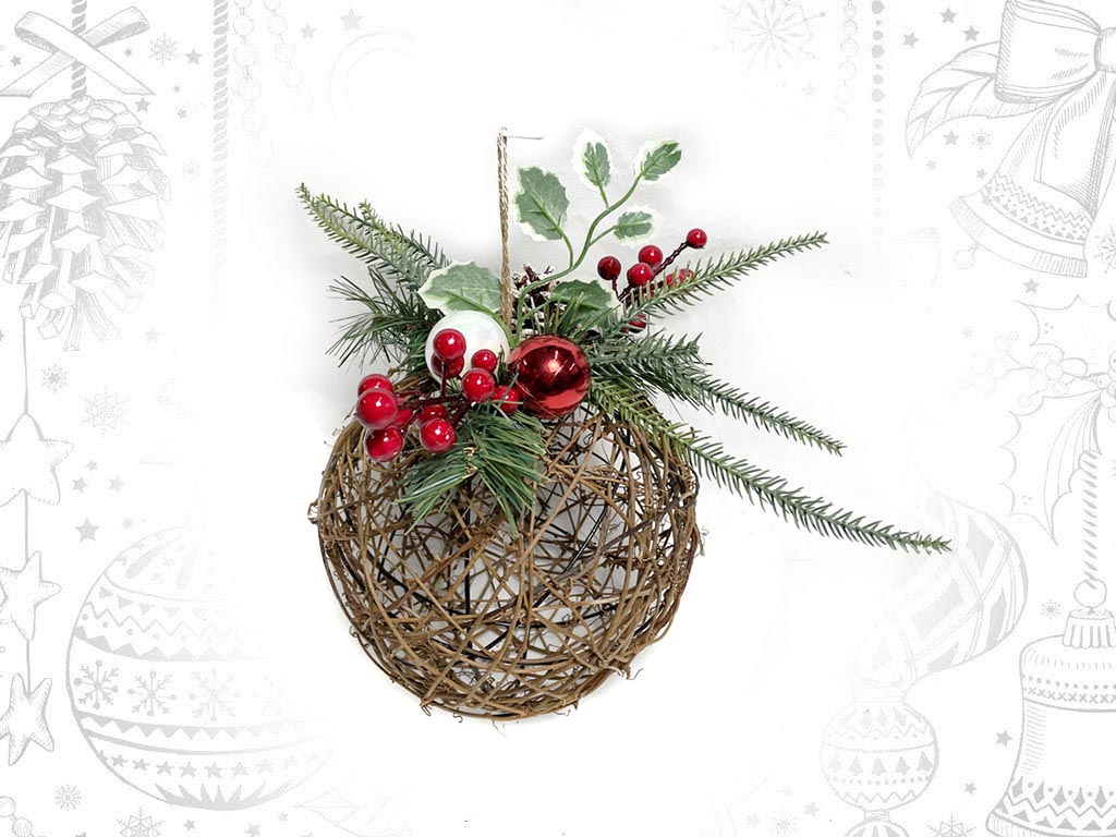GREEN/RED BERRIES/PINES HANGING BALL cod. 9315228