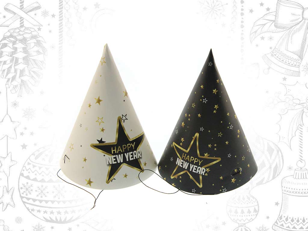 PACK 6 GORROS NEGRO/DORADO HAPPY NEW YEAR cod. 9321368