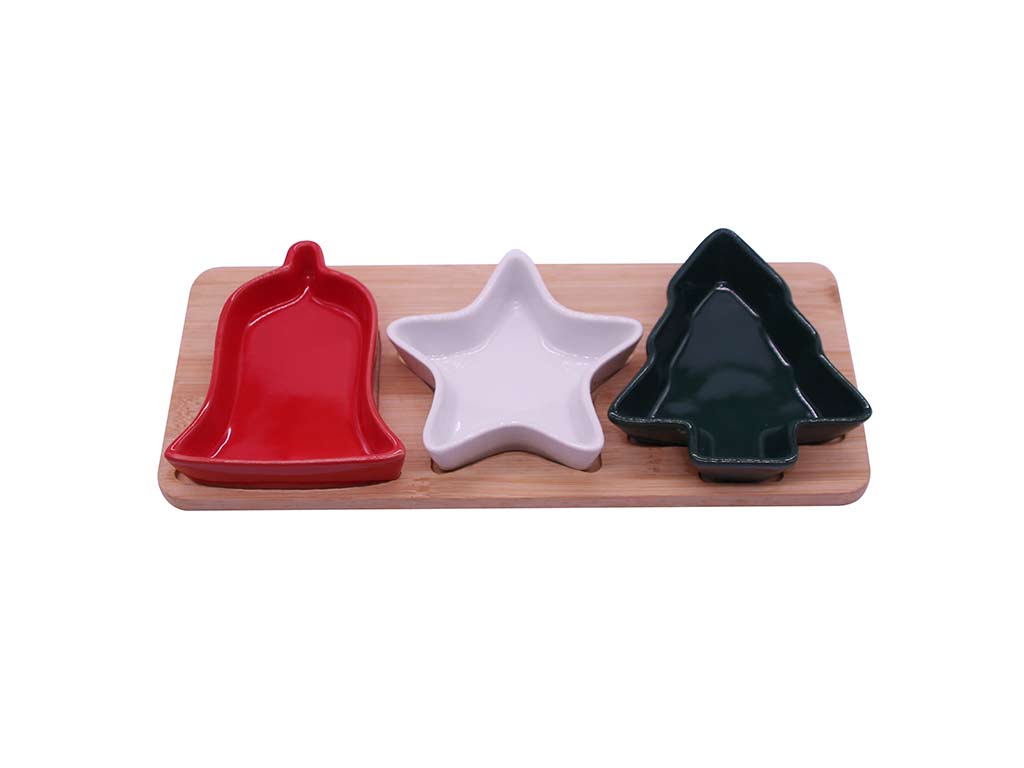 VASSOIO DI BAMBÚ CON 3 PEZZI DI CERAMICA cod. 9323041