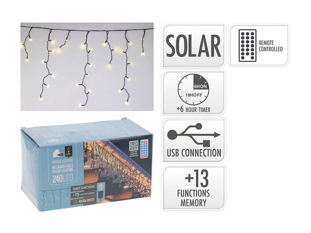 R.100150 CORTINA ICICLE SOLAR BATERIA 240 LED BLANCA CALIDA cod. 9324782
