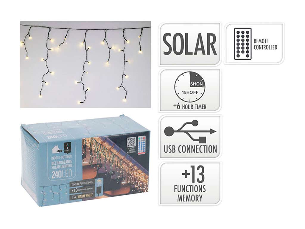 R.100160 CORTINA ICICLE SOLAR BATERIA 480 LED BLANCA CALIDA cod. 9324783